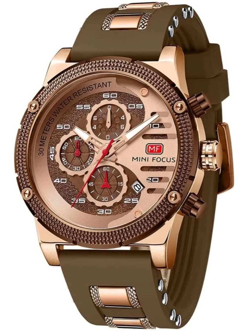 Men's Rose Coffee Chronograph Waterproof Sport Military Analog Quartz Wristwatch